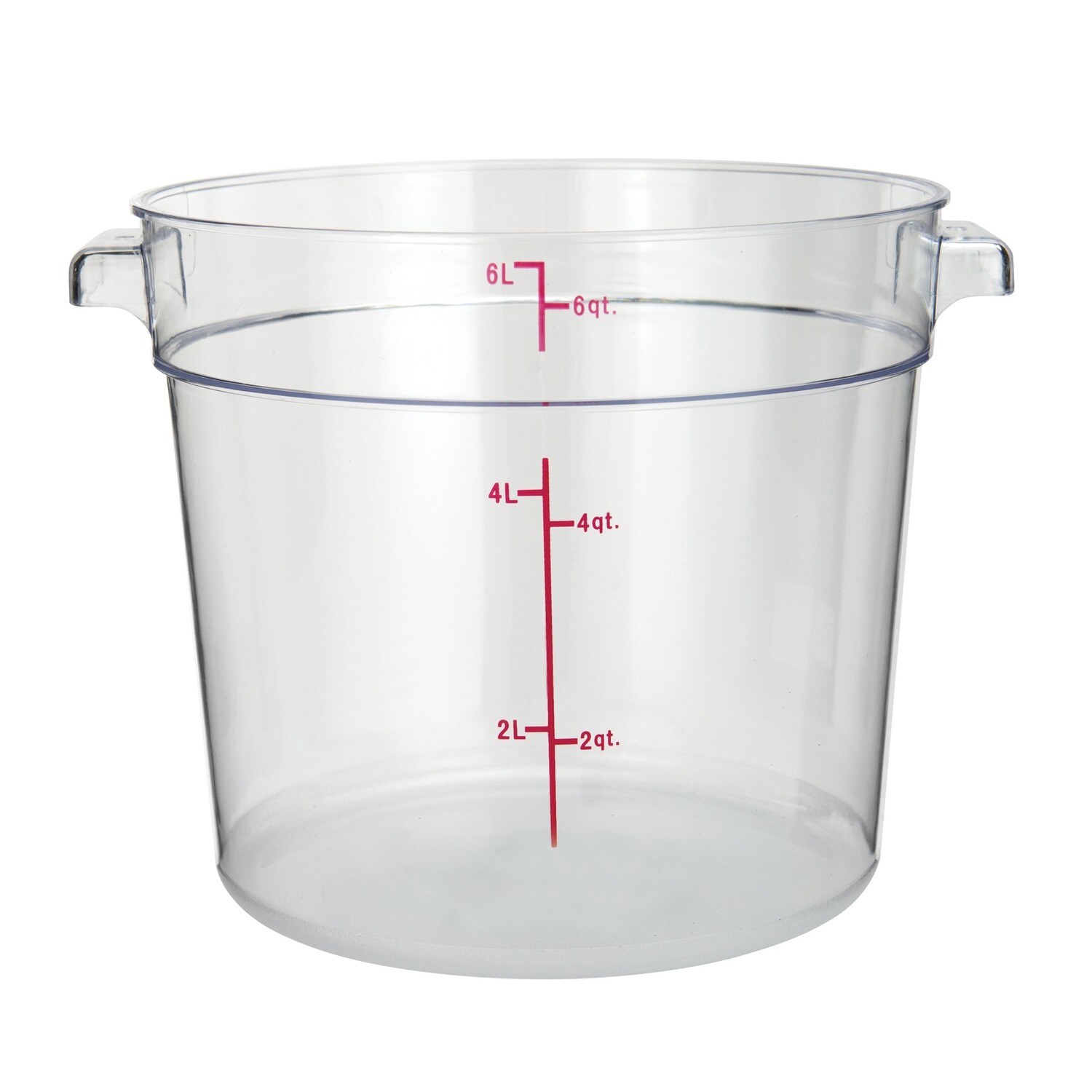 Winco PCRC-6 Food Storage Container, 6 qt., 9&quot; x 10-3/8&quot; x 7-3/4&quot;H, round, stackable, temperature range: -40°F to 210°F, built-in handles, graduation markings in quarts &amp; liters, dishwasher safe, poly