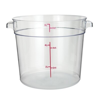 Winco PCRC-6 Food Storage Container, 6 qt., 9" x 10-3/8" x 7-3/4"H, round, stackable, temperature range: -40°F to 210°F, built-in handles, graduation markings in quarts &amp; liters, dishwasher safe, poly