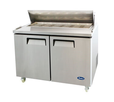 Atosa MSF8306GR  Sandwich/Salad Mega Top Refrigerator, two-section, 48-1/5&quot;W x 34&quot;D x 46-5/8&quot;H, includes (18) 1/6 poly pans, rear-mounted, self-contained refrigeration, 13.4 cu. ft., (2) solid hinged