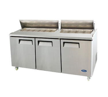 Atosa MSF8308GR Sandwich/Salad Mega Top Refrigerator, three-section, 72-7/10&quot;W x 34&quot;D x 46-5/8&quot;H, includes (30) 1/6 poly pans, rear-mounted, self-contained refrigeration, 21.1 cu. ft., (3) solid hinge