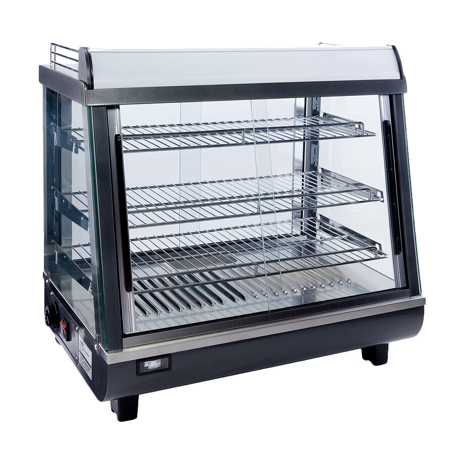 Winco HDM-26   Heated Display Merchandiser, 26-1/2&quot;W, countertop, includes: (3) adjustable shelves, (1) removable water pan, (4) sliding doors, lighted front display, visible thermometer gauge, adjust