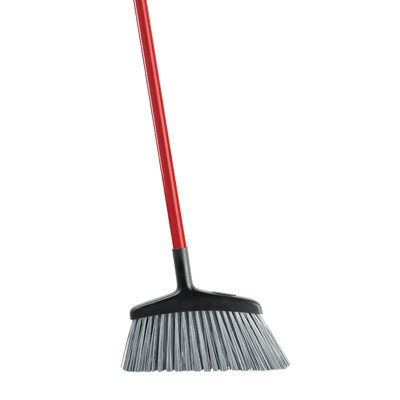 Libman 1102  Broom, 15&quot;W x 53&quot;H, angled, unflagged, rough surface, 1&quot; dia. red steel handle, with grip and hanger hole, 5&quot;L gray staple-set recycled PET bristles, one-piece resin block