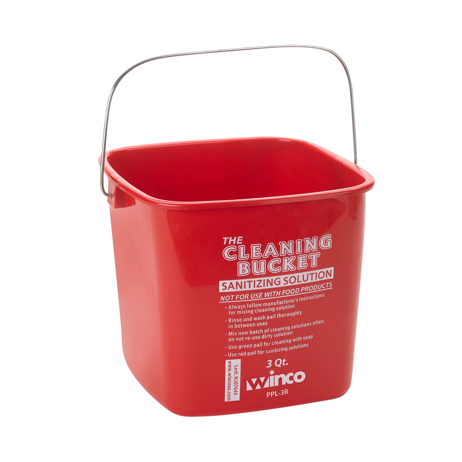 Winco PPL-3R Cleaning Bucket for Sanitizing Solution, Polypropylene, Red, 3 qt.