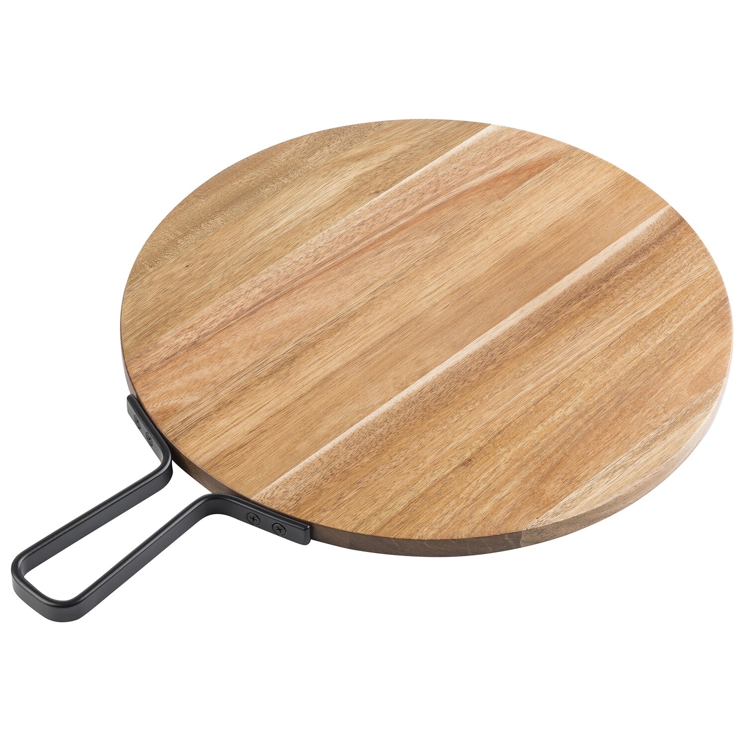 TableCraft 10081 Industrial Collection™ Serving Paddle, 14&quot; dia. x 3/5&quot;H, 18-7/8&quot; OAL, round, with handle, acacia with metal banding, light brown