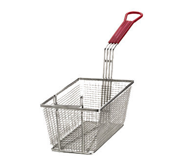 TableCraft 427 Fry Basket, 25-1/2&quot; x 6-1/2&quot; x 10&quot;, rectangular, mesh, red cool-to-touch PVC handle, hand wash only, nickel plated