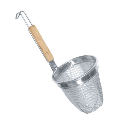 Thunder SLNS002  Noodle Skimmer, 5-1/2&quot; x 5-1/2&quot;, mesh wire, built-in hook hanger, round wood handle, stainless steel