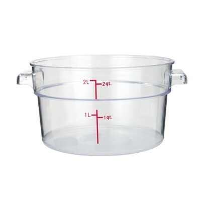 Winco PCRC-2  Food Storage Container, 2 qt., 7-5/16" x 8-5/8" x 4-1/4"H, round, stackable, temperature range: -40°F to 210°F, built-in handles, graduation markings in quarts &amp; liters, dishwasher safe,