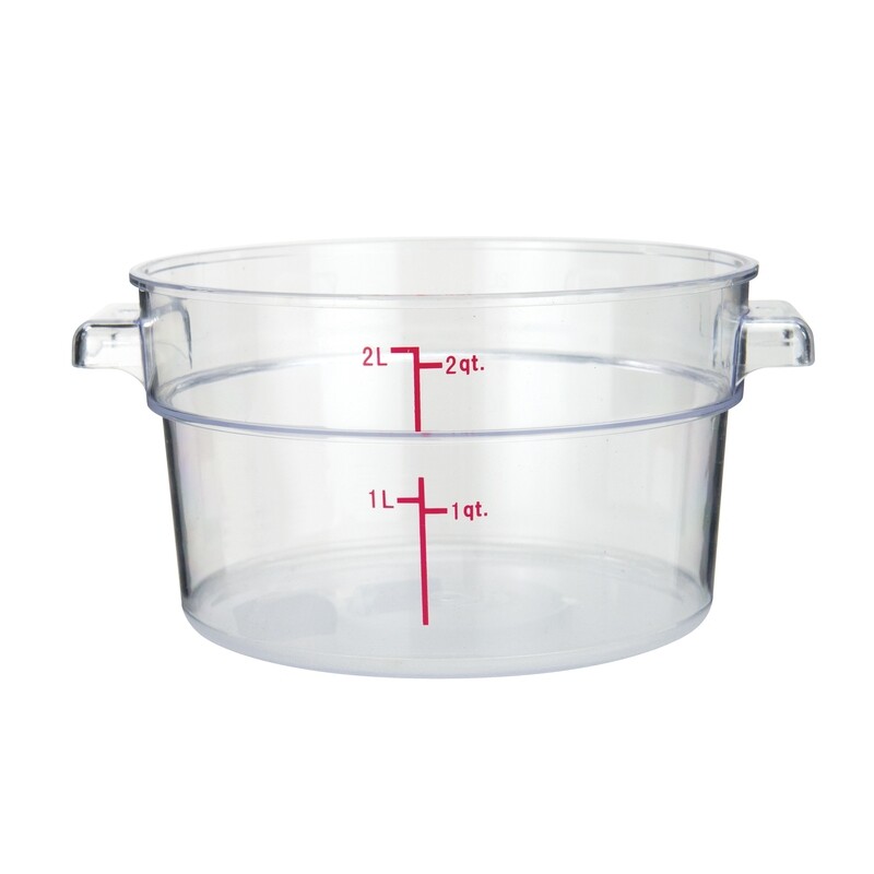Winco PCRC-2  Food Storage Container, 2 qt., 7-5/16&quot; x 8-5/8&quot; x 4-1/4&quot;H, round, stackable, temperature range: -40°F to 210°F, built-in handles, graduation markings in quarts &amp; liters, dishwasher safe,