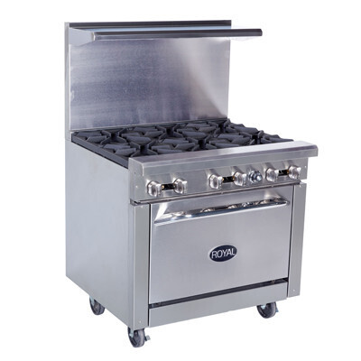 Royal Range RR-6  Range, gas, 36", (6) burners, manual controls, standard oven, 12" x 12" cast iron grates, safety valve