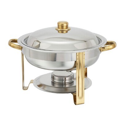 Winco 203 Malibu Chafer, 4 qt., round, stainless steel, mirror finish cover, gold accents, includes food pan, water pan, and fuel holder
