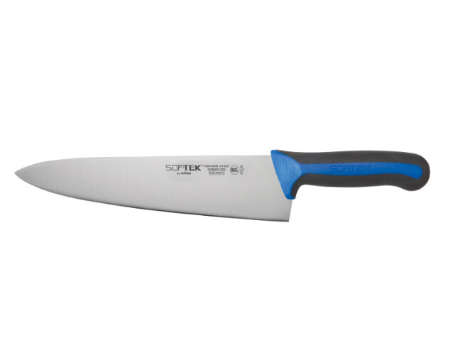 Winco KSTK-100 Chef&#39;s Knife, 10&quot; blade, wide, high carbon, non-slip black and blue TPR handle, X50CrMoV15 German steel