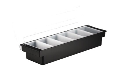 Tablecraft 102 Bar Condiment Holder, 19-1/2&quot; x 6&quot; x 4-1/4&quot;, (6) 1-pint white inserts, with clear lid, dishwasher safe, ABS plastic, black