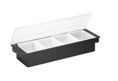 Tablecraft 103 Bar Condiment Holder, 19-1/2&quot; x 6&quot; x 4-1/4&quot;, (4) 1-1/2-pint white inserts, with clear lid, dishwasher safe, ABS plastic, black
