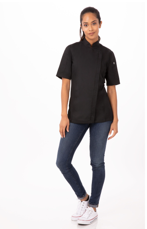 Chef Works BCWSZ006-BLK-S Springfield Woman Chef&#39;s Coat Short Sleeve, Black, Small
