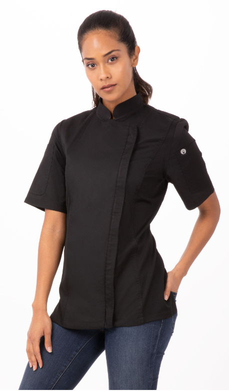Chef Works BCWSZ006-BLK-L Springfield Woman Chef&#39;s Coat Short Sleeve, Large
