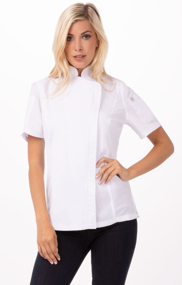 Chef Works BCWSZ006-BLK-L Springfield Woman Chef&#39;s Coat Short Sleeve, Large