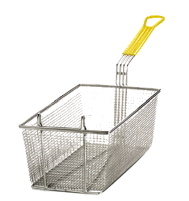 TableCraft 429 Fry Basket, 17&quot; x 8-1/4&quot; x 6&quot;, rectangular, mesh, yellow cool-to-touch vinyl handle, hand wash only, nickel plated