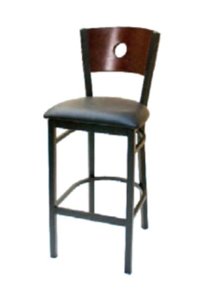 ATS 77A-BS-W-BV Bar Stool,  Walnut wood back with circle cutout, wood back &amp; black vinyl seat, welded 1-1/8&quot; square metal tubing, footrest, textured black powder coat finish