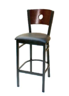 ATS 77A-BS-W-BV Bar Stool,  Walnut wood back with circle cutout, wood back &amp; black vinyl seat, welded 1-1/8" square metal tubing, footrest, textured black powder coat finish