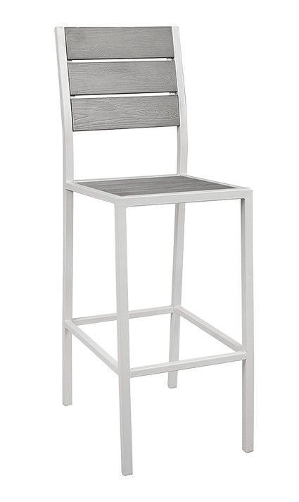 Everyday ERP-MT12-BS Restaurant Furniture White Steel Barstool with Horizontal Imitation Teak Horizontal Slat Back &amp; Seat in Light Grey