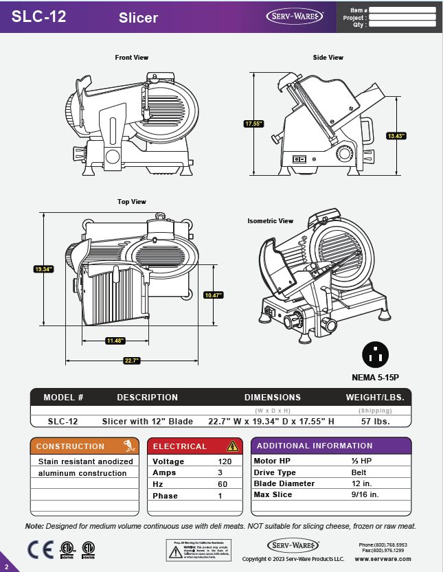Serv-ware SLC-12 Processing - Meat Slicer 12" - single speed, 12" diameter alloy knife, belt drive, safety guard, knife sharpener, adjustable thickness up to 9/16", fan-cooled, thermal overload protec