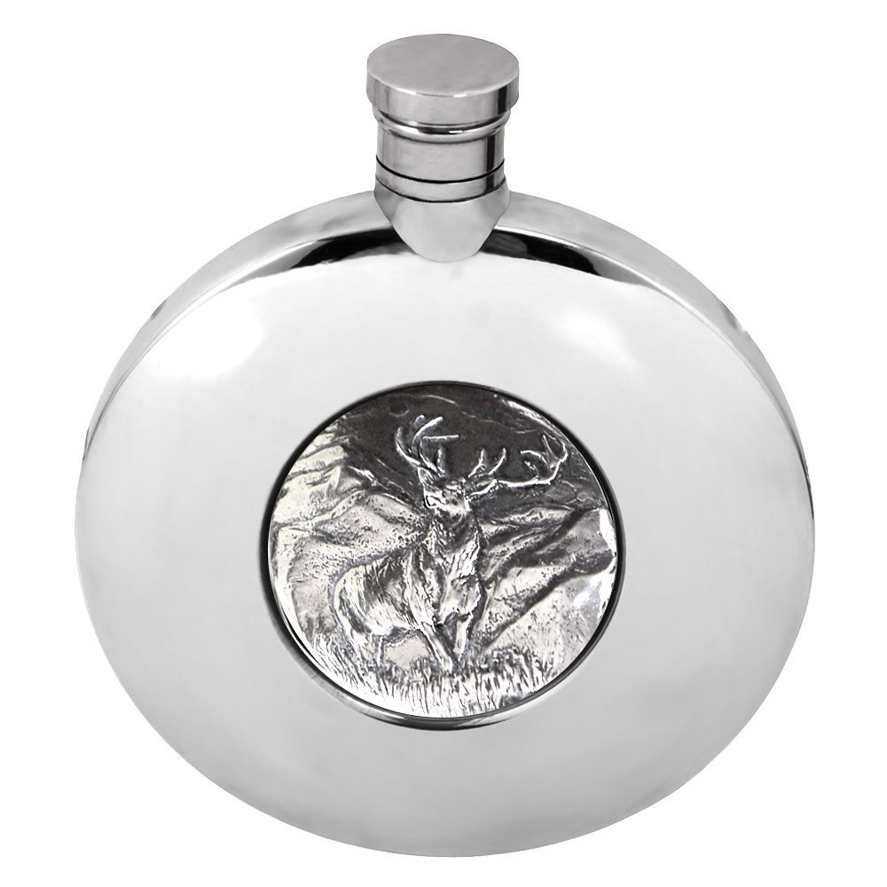 British Pewter Ellipse Stag 5.5oz Badge Hipflask