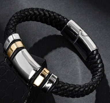 Leather Bracelet with Stainless Steel Accents - 8.5&quot;