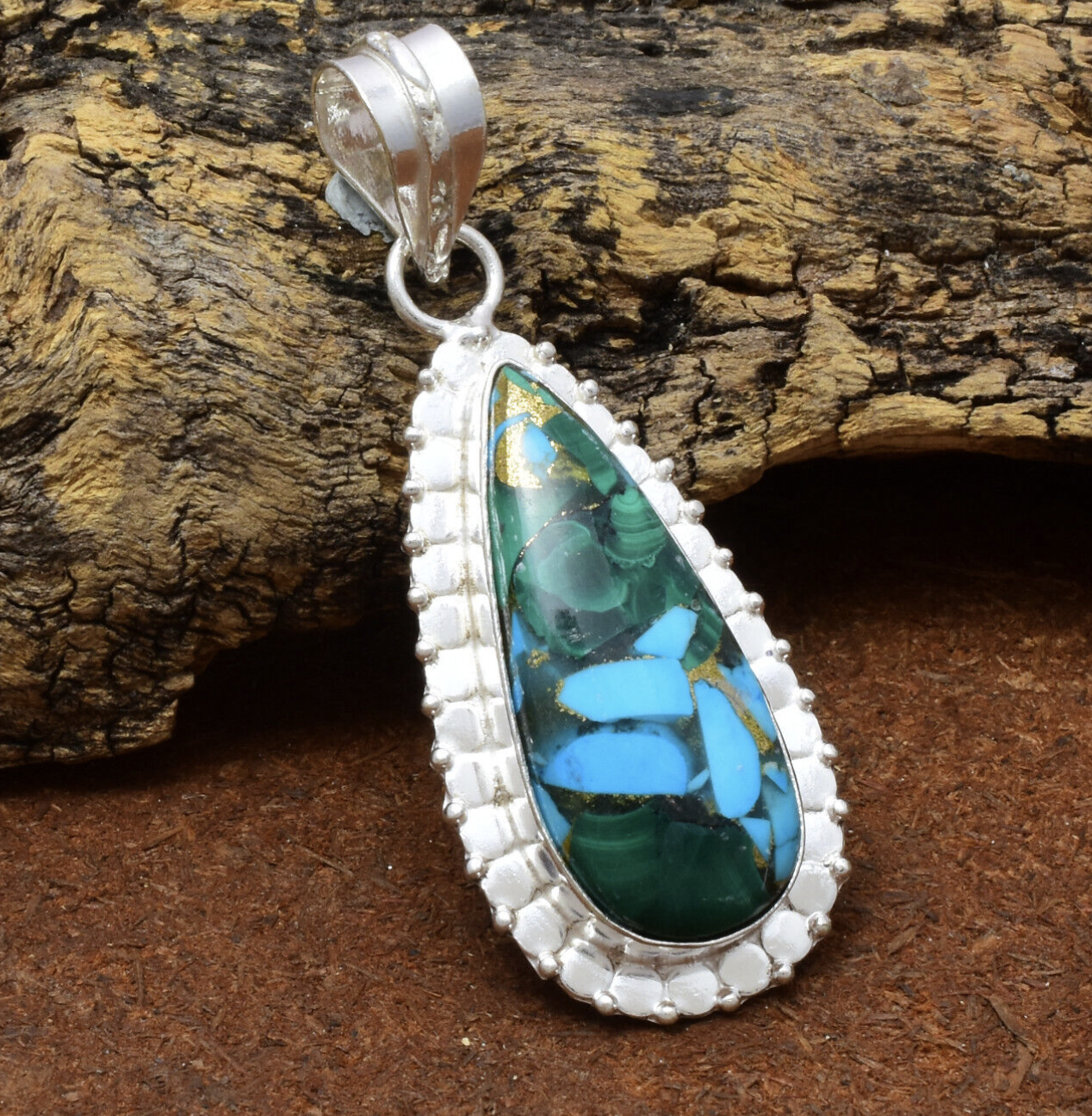 Copper Turquoise in Malachite Pendant set in Sterling Silver