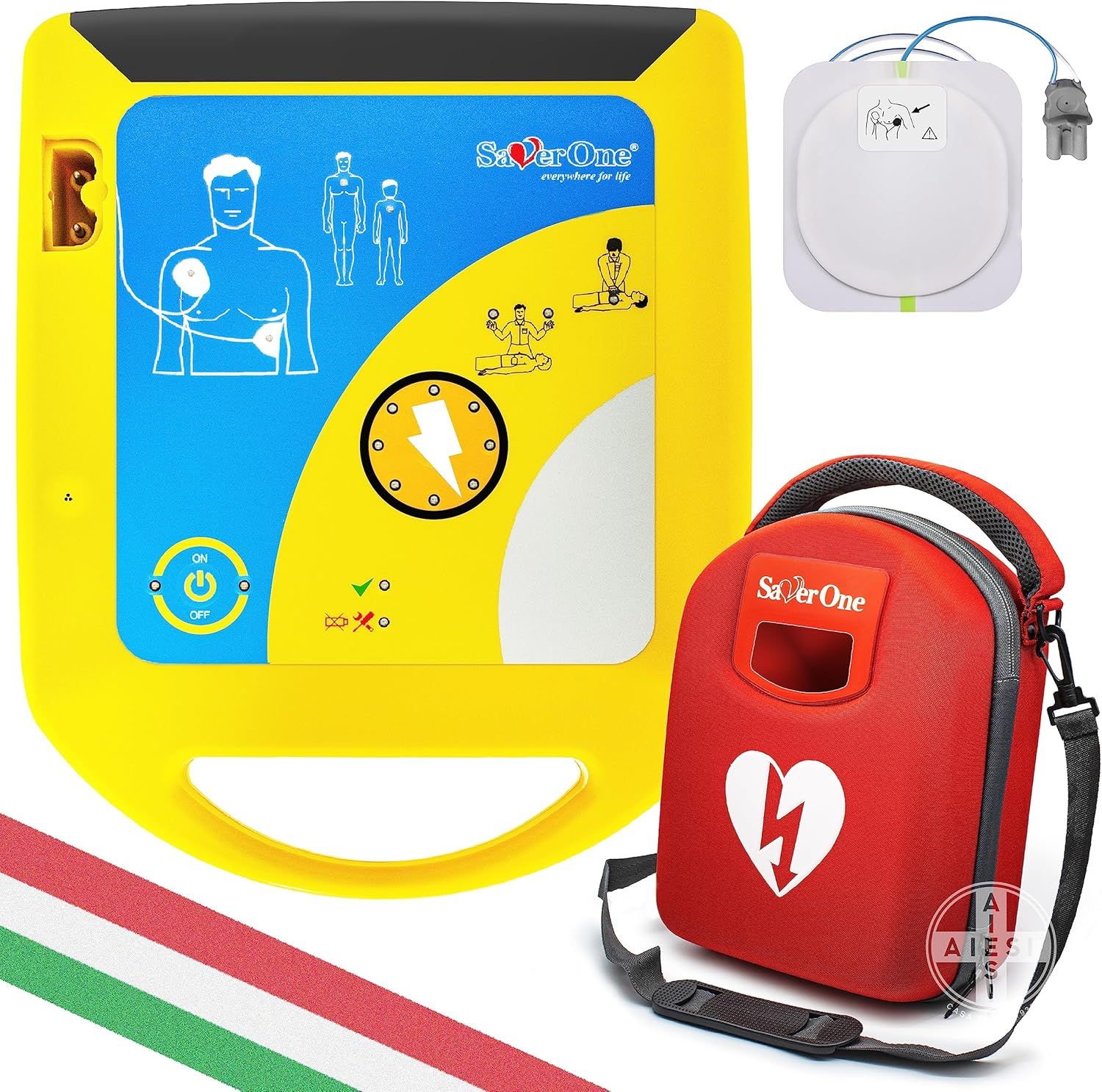 Defibrillatore semiautomatico SAVER ONE con batteria non ricaricabile e coppia di piastre per adulti, Garanzia 6 anni, Made in Italy