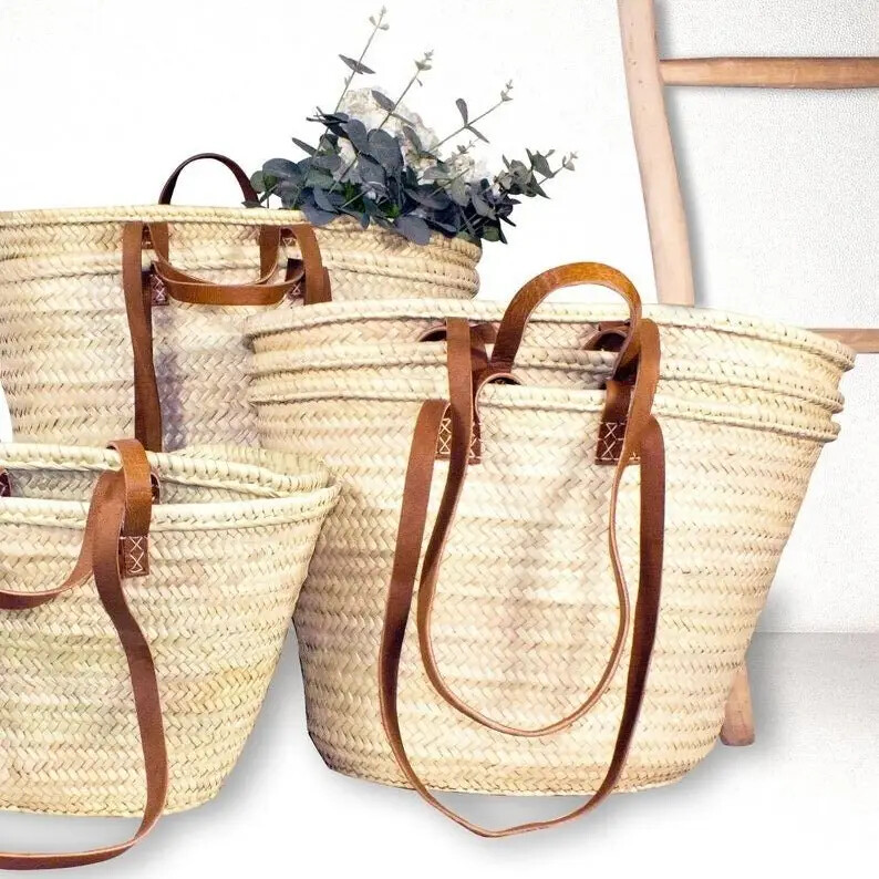 Market Basket Straw Bag Handmade with Leather, French Market