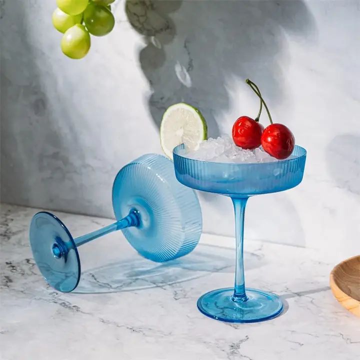 Blue Ribbed Art Deco Crystal Coupe Cocktail Glasses | 2 Set