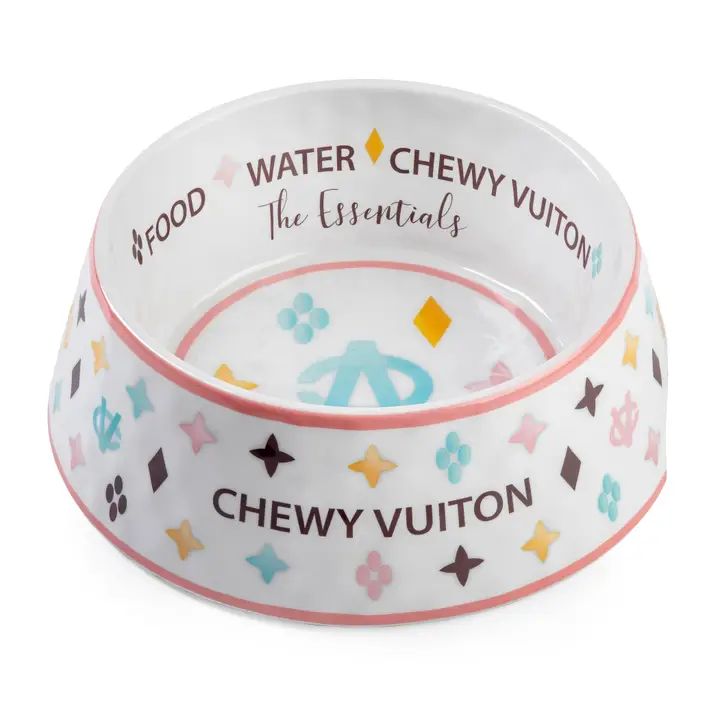 White Chewy Vuiton Dog Bowl - Medium Dog Food Bowl