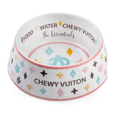 White Chewy Vuiton Dog Bowl - Medium Dog Food Bowl