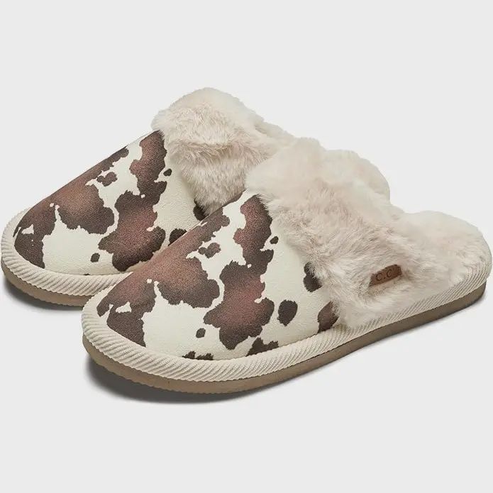 Plush Slippers - Cow Print - Beige