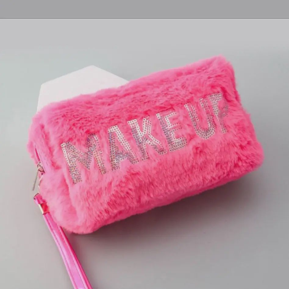 Make Up Letter Decorated Furry Cosmetic Bag | Pink