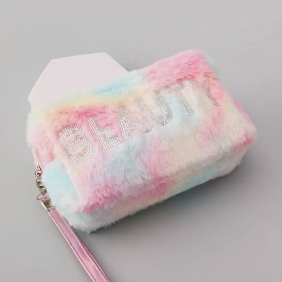 Beauty Letter Decorated Furry Cosmetic Bag | RAINBOW