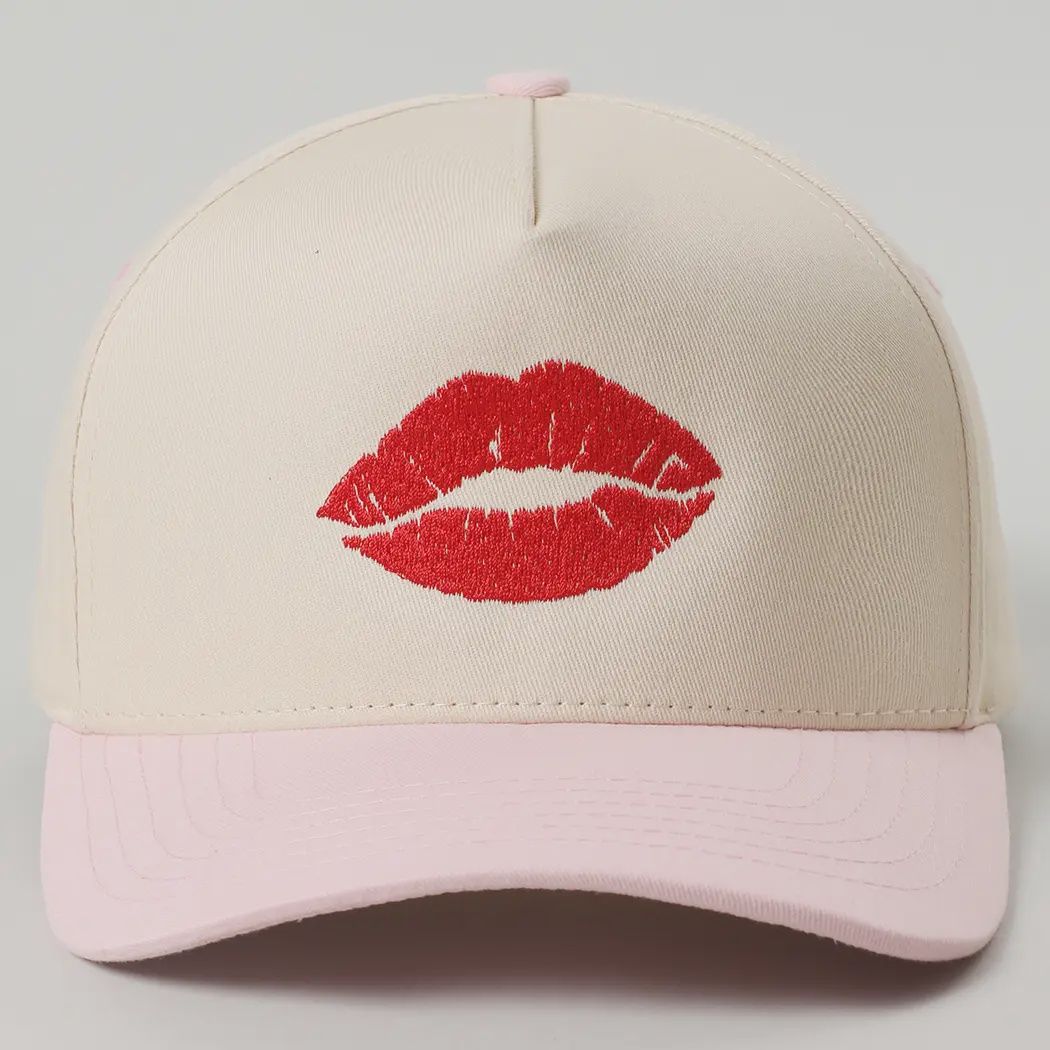 Kiss Me Red Lips Embroidery Two-Tone Trucker Hat