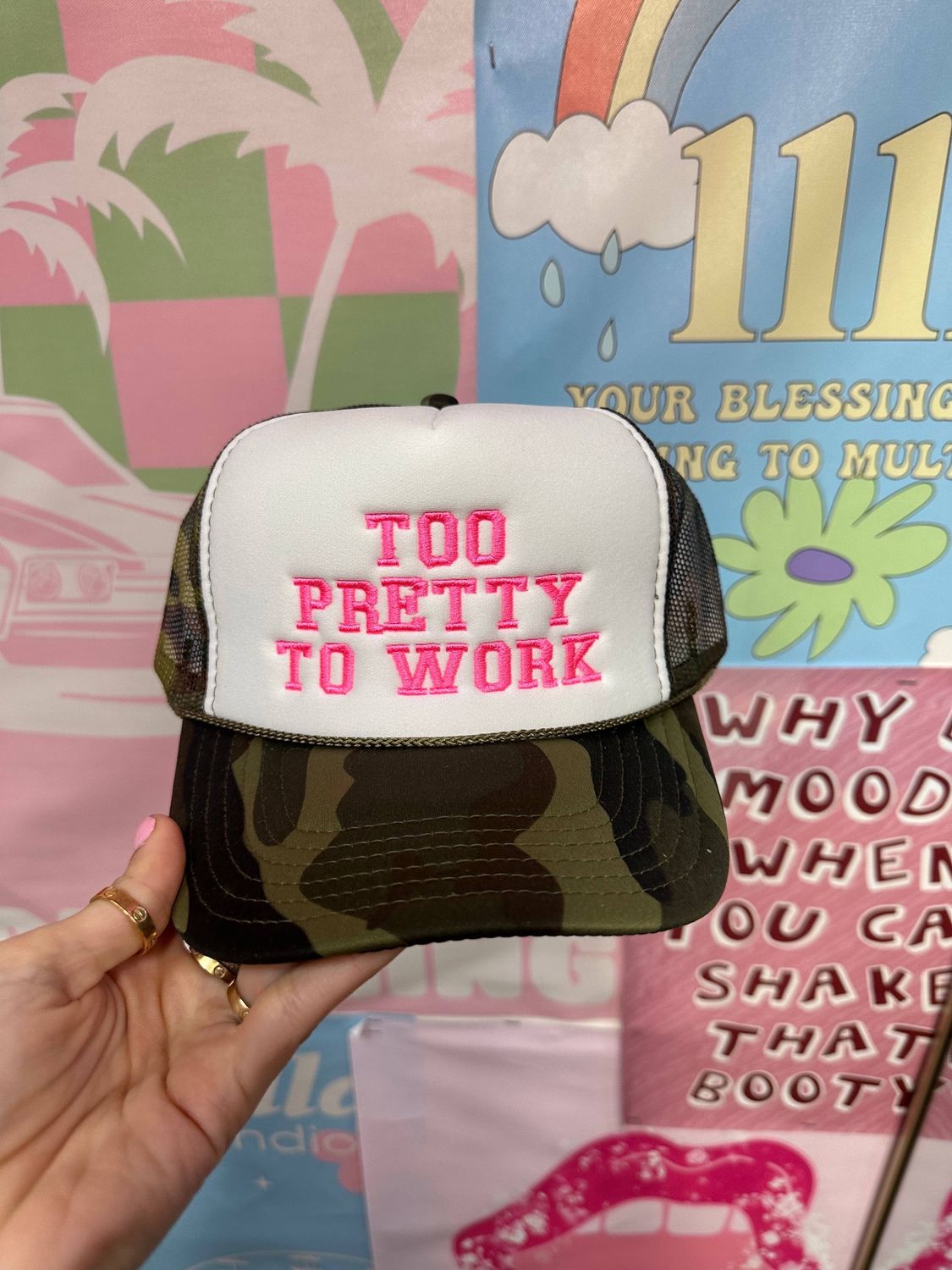 Happy Hour - Too Pretty To Work Trucker Hat: Embroidery