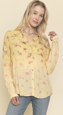 .Button Up Long sleeve Yellow blouse with faded Reddish/Pink Flowers