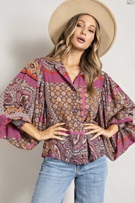 .EESOME Hot Pink Multi Color blouse with accordion style sleeves
