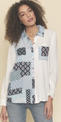 .Mystree Blue &amp; White Patchwork Button Shirt