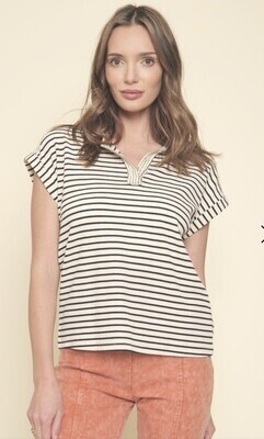 .Mystree soft black &amp; off white striped cap sleeve blouse