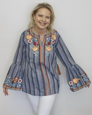 .Scully Blue Blouse With Orange Stripe &amp; Embroidery Flowers