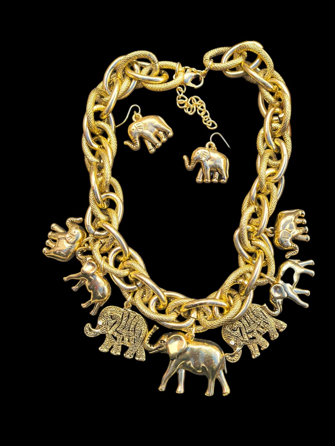 Golden Elephant Charm Necklace &amp; Earring Set 
