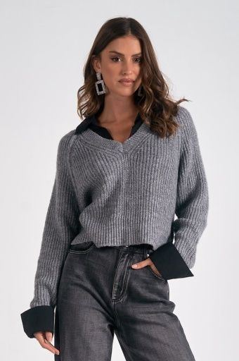 V Neck Sweater with Collar - Grey / Black
