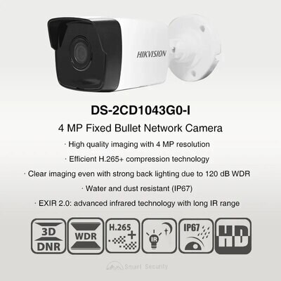 Hikvision DS-2CD1043G0-I 4MP H.265 WDR IR 30m Fixed Mini Bullet Network Surveillance Security PoE Camera IP67 Motion Detection