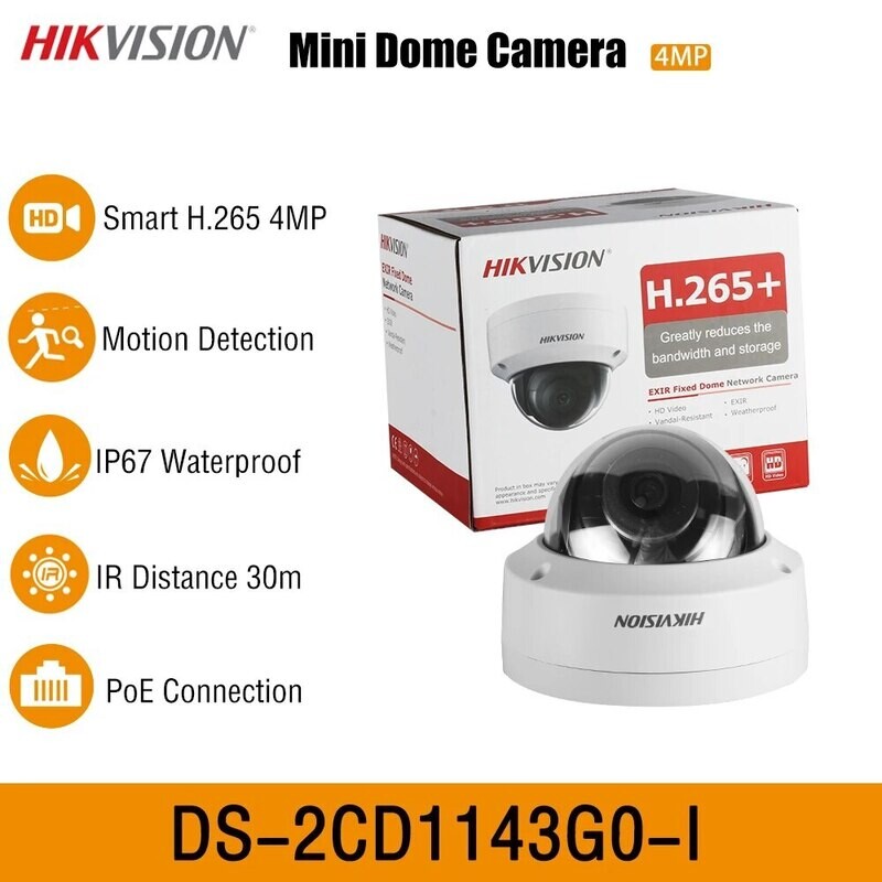 Hikvision DS-2CD1143G0-I 4MP Outdoor IP67 WaterProof VandalProof Dome Camera Night Vision IR30m Motion Detection H.265 P2P Onvif, Focus: 2.8mm