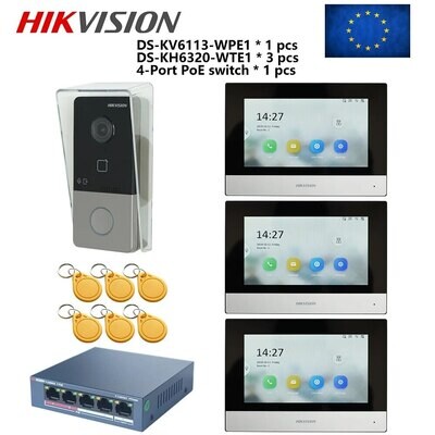 HIKVISION KIT interphone vidéo POE 802.3af multilingue, comprenant DS-KV6113-WPE1(C) & DS-KH6320-WTE1 & commutateur PoE