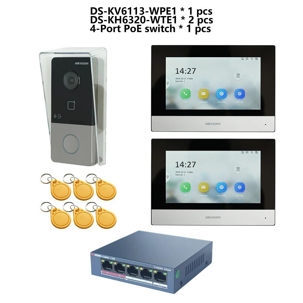 HIKVISION KIT interphone vidéo POE 802.3af multilingue, comprenant DS-KV6113-WPE1(C) &amp; DS-KH6320-WTE1 &amp; commutateur PoE