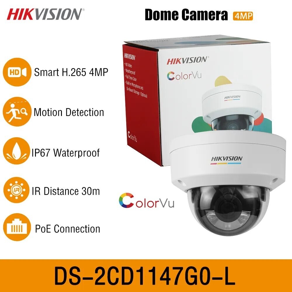 Hikvision DS-2CD1147G0-L 4MP Full Color Night Vision Dome IP Camera Outdoor Waterproof CCTV IR 30m ColorVu Security Surveillance, Focus: 2.8mm